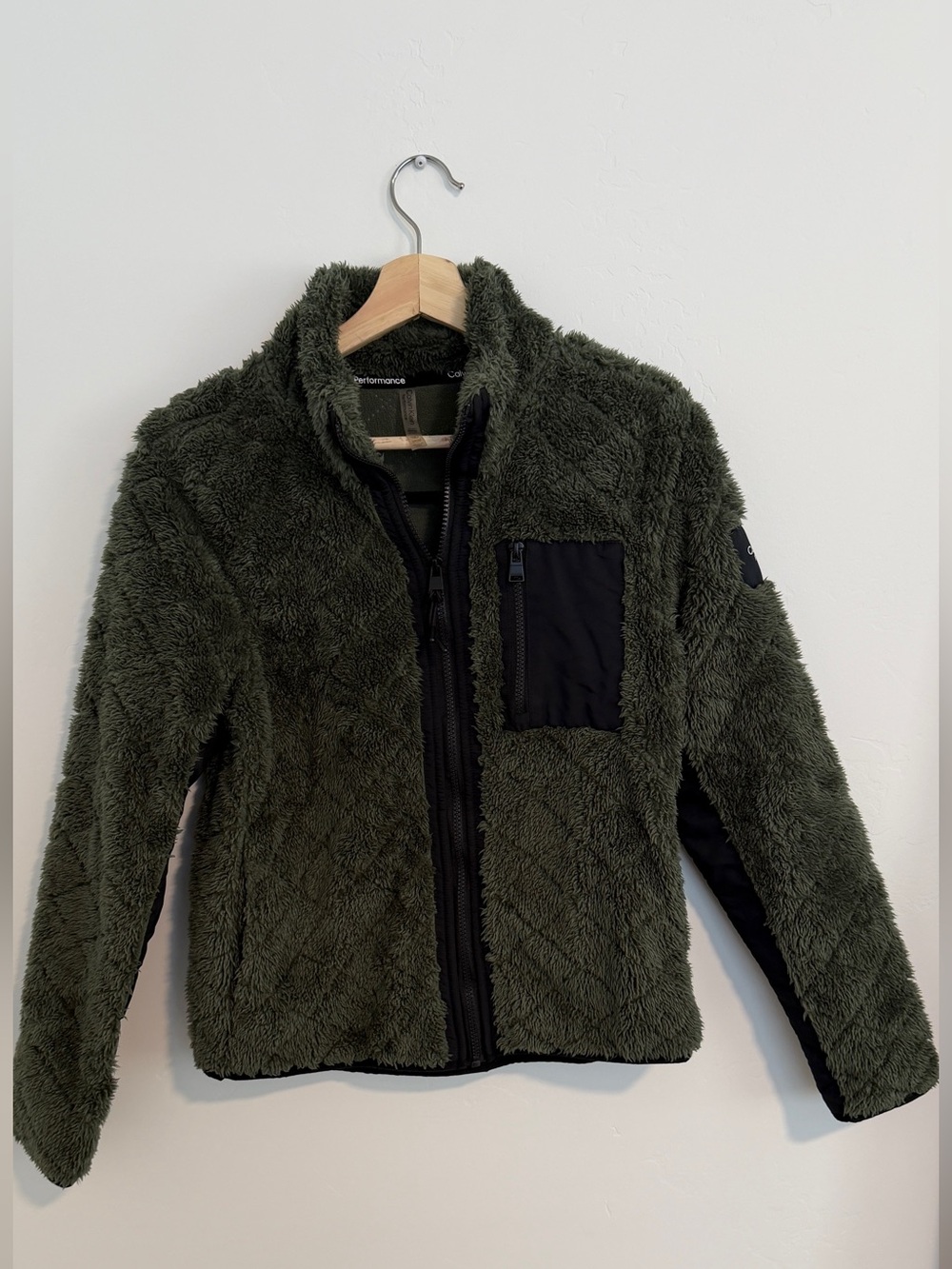 Calvin Klein Small Women’s Olive Green Sherpa Fleece Jacket with Black Accents